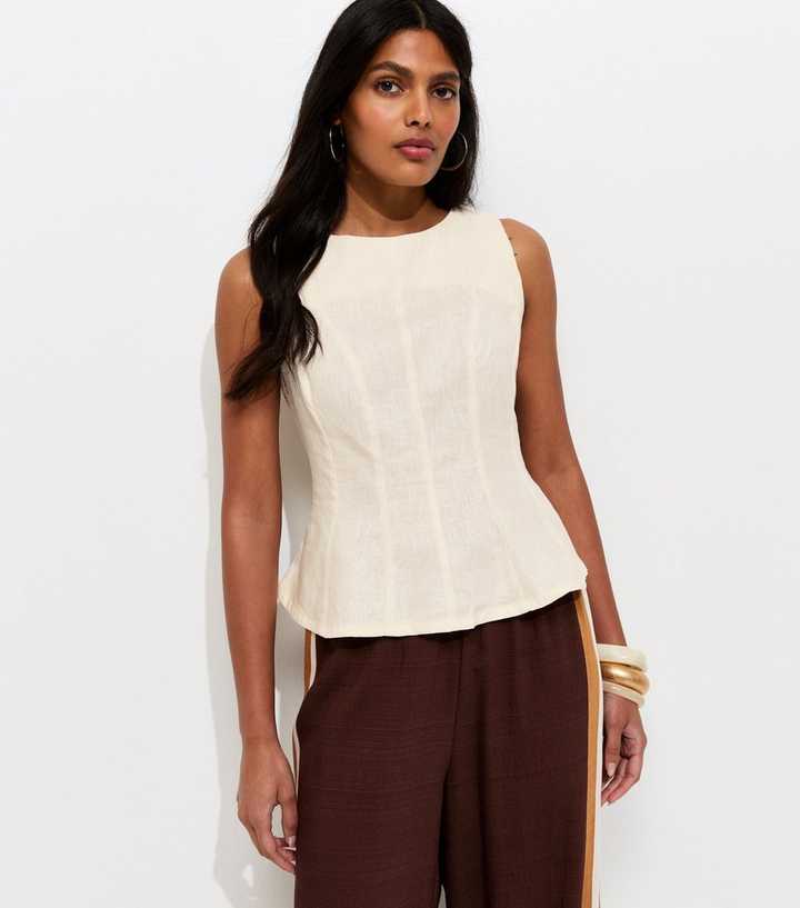 Off White Linen Blend Peplum Top