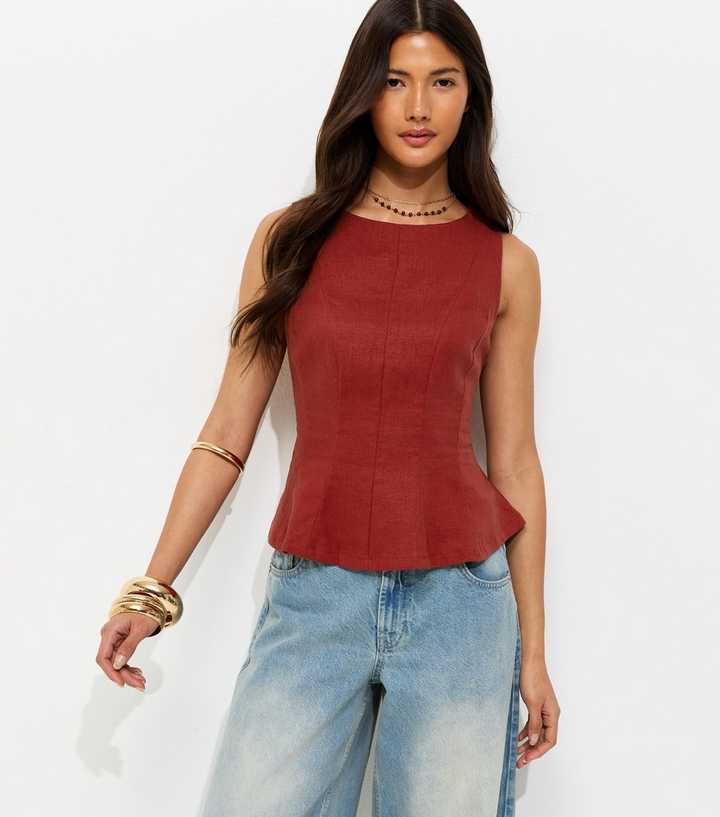 Red Linen Blend Peplum Top