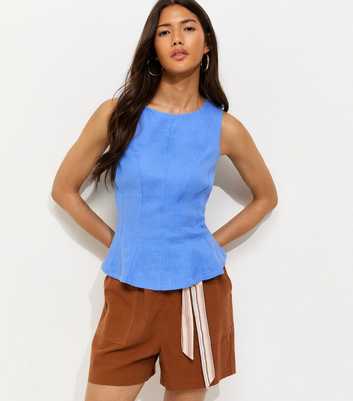 Blue Linen Blend Peplum Top