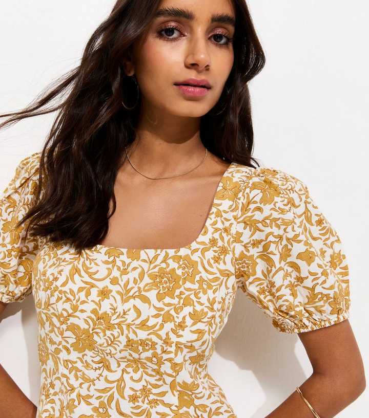 Dark Yellow Linen Rich Ditsy Waisted Top