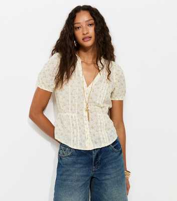 Cream Floral Dobby Button Up Tea Top