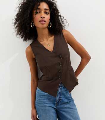 Brown Linen Blend Asymmetric Waistcoat