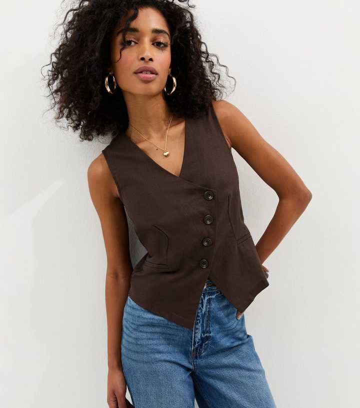 Brown Linen Blend Asymmetric Waistcoat