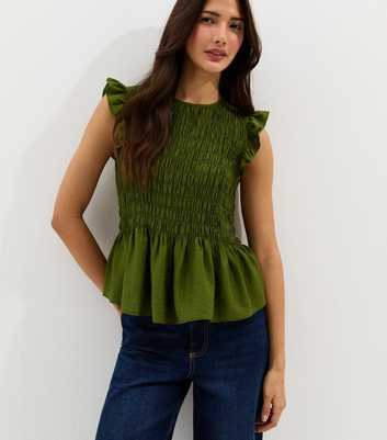 Green Shirred Sleeveless Frill Top