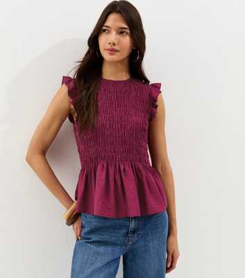 Dark Pink Shirred Sleeveless Frill Top