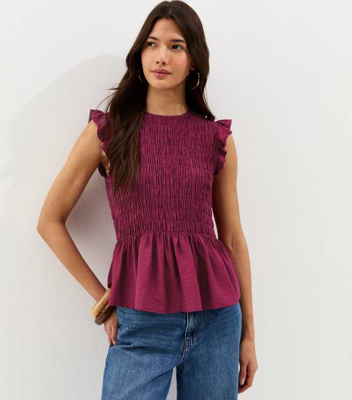 Dark Pink Shirred Sleeveless Frill Top