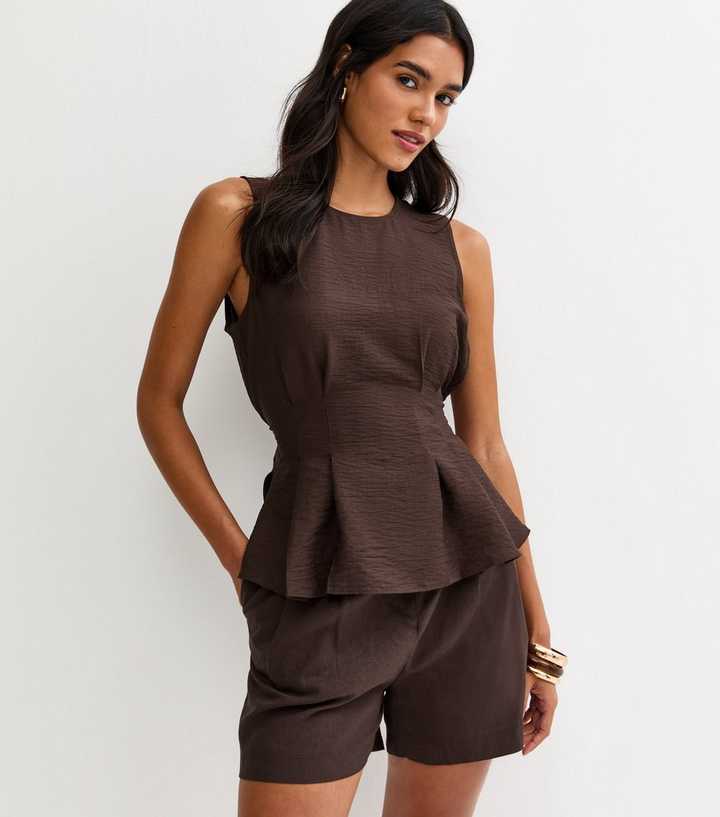 Dark Brown Flared Hem Sleeveless Top