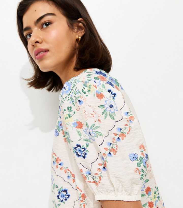 Cream Floral Scarf Print Puff Sleeve T-Shirt