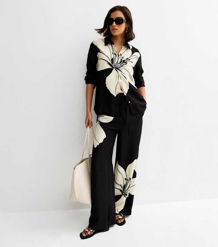 Black Large Lily Print Long Sleeve Shirt