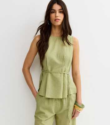 Green Pinstripe Longline Belt Tunic Top
