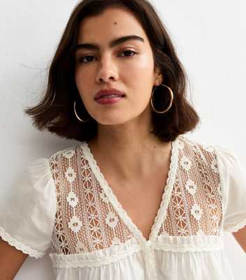Cream Lace Panel Button Up Blouse