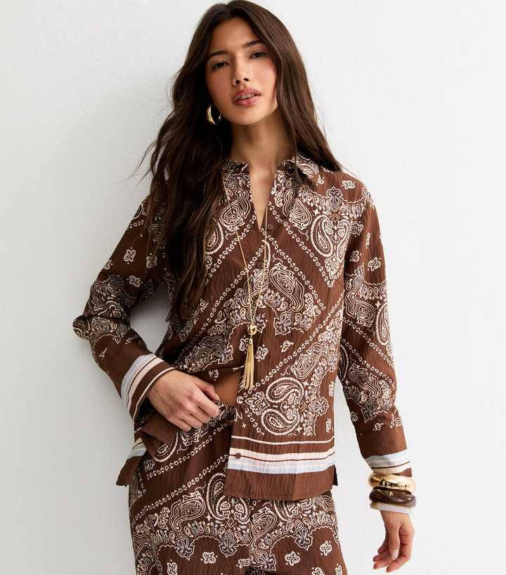 Brown Crinkle Texture Paisley Print Bandana Shirt