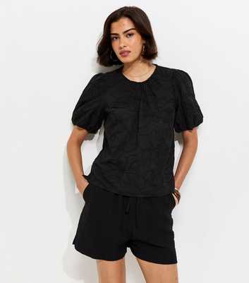 Black Floral Embroidered Puff Sleeve T-Shirt