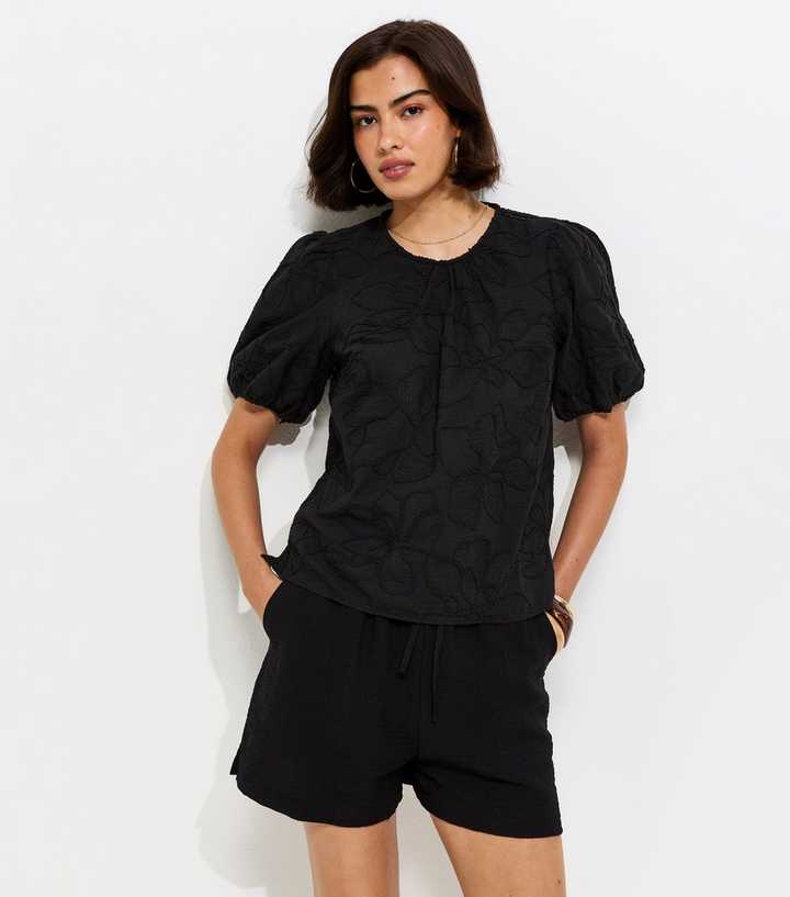 Black Floral Embroidered Puff Sleeve T-Shirt