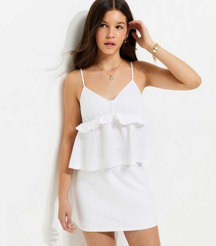 Girls White Linen Blend Ruffled Babydoll Cami Top