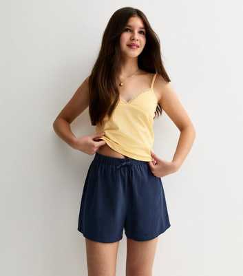Girls Navy Linen Blend Drawstring Shorts