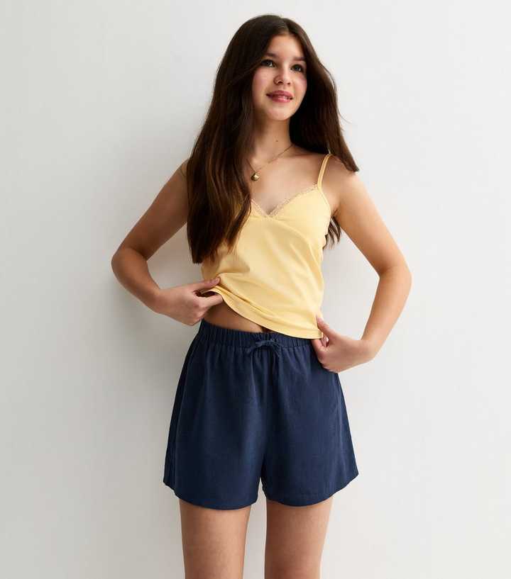 Girls Navy Linen Blend Drawstring Shorts