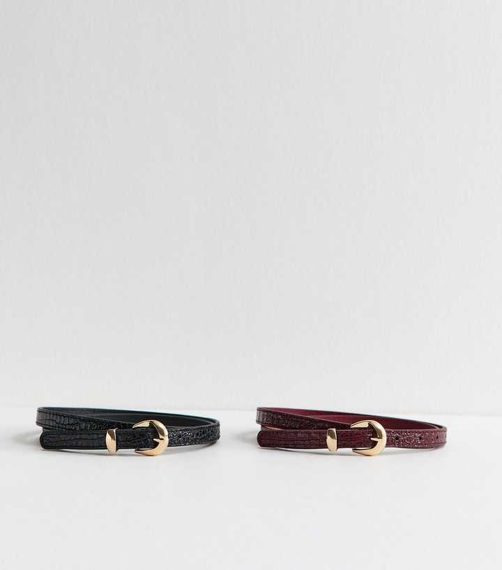 Pack of 2 Black and Burgundy Croc Embossed Crescent Belts