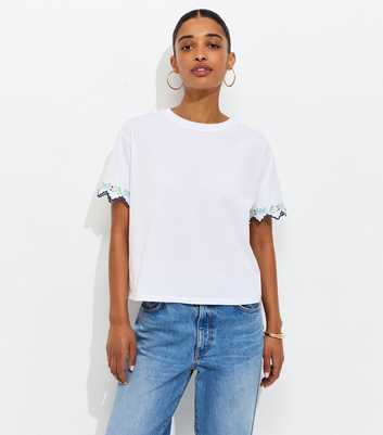 White Embroidered Sleeve Boxy T-Shirt