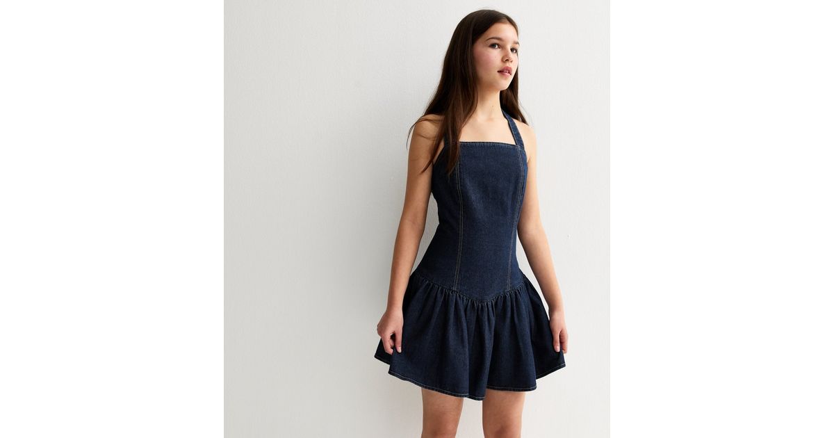 Girls Blue Denim Halterneck Mini Dress | New Look