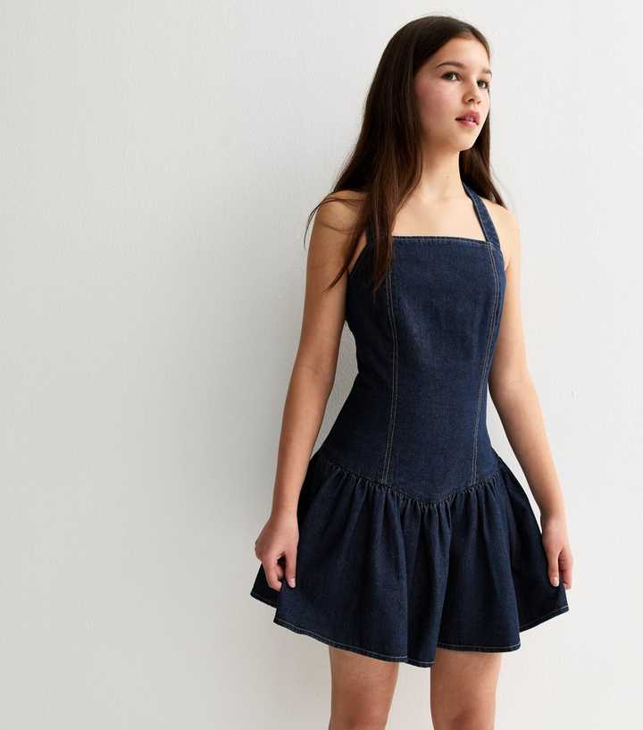Girls Blue Denim Halterneck Mini Dress