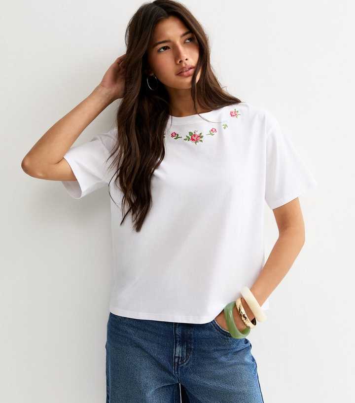 White Floral Cross Stitch Embroidered Boxy T-Shirt