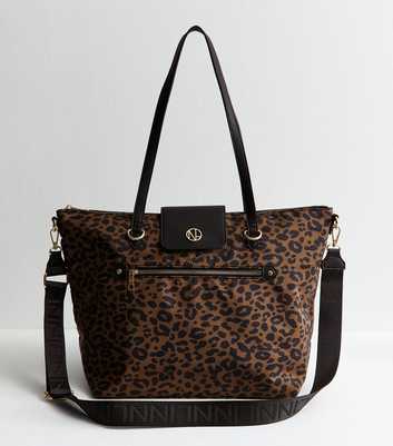Brown Fabric Leopard Print Zip Top Tote Bag