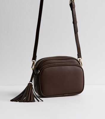 Dark Brown Faux Leather Tassel Crossbody Camera Bag