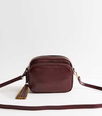 Dark Burgundy Faux Leather Tassel Crossbody Camera Bag