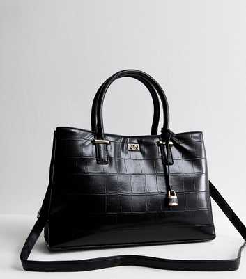 Black Faux Leather Croc Embossed Triple Compartment Tote Bag