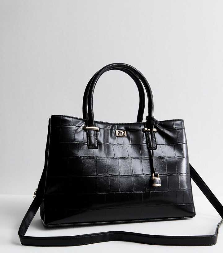 Black Faux Leather Croc Embossed Triple Compartment Tote Bag