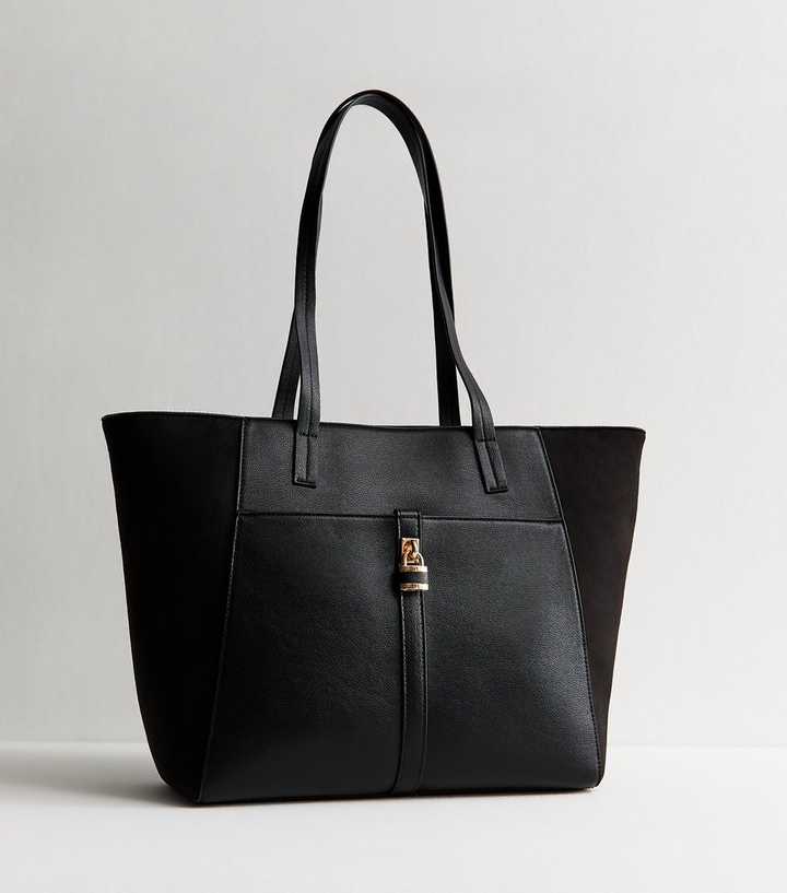 Black Faux Leather Padlock Tote Bag