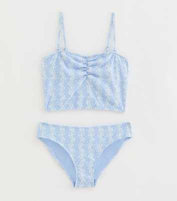 Girls Blue Ribbed Floral Print Tankini Set