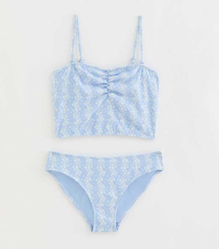 Girls Blue Ribbed Floral Print Tankini Set