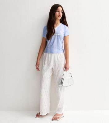 Girls White Broderie Anglaise Wide Leg Trousers