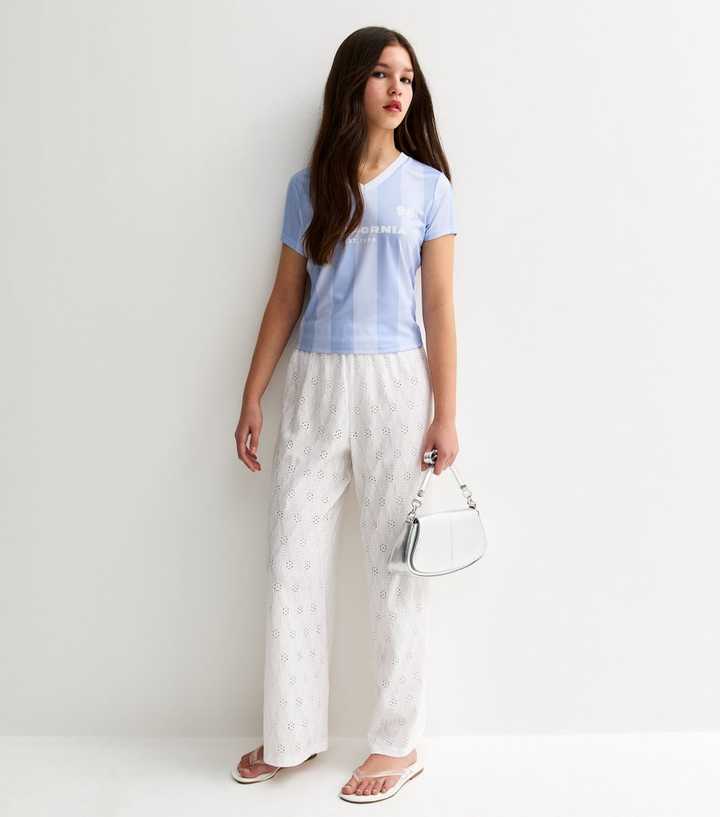Girls White Broderie Anglaise Wide Leg Trousers