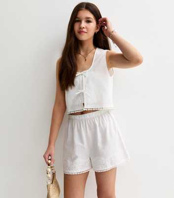 Girls White Cotton Embroidered Shorts