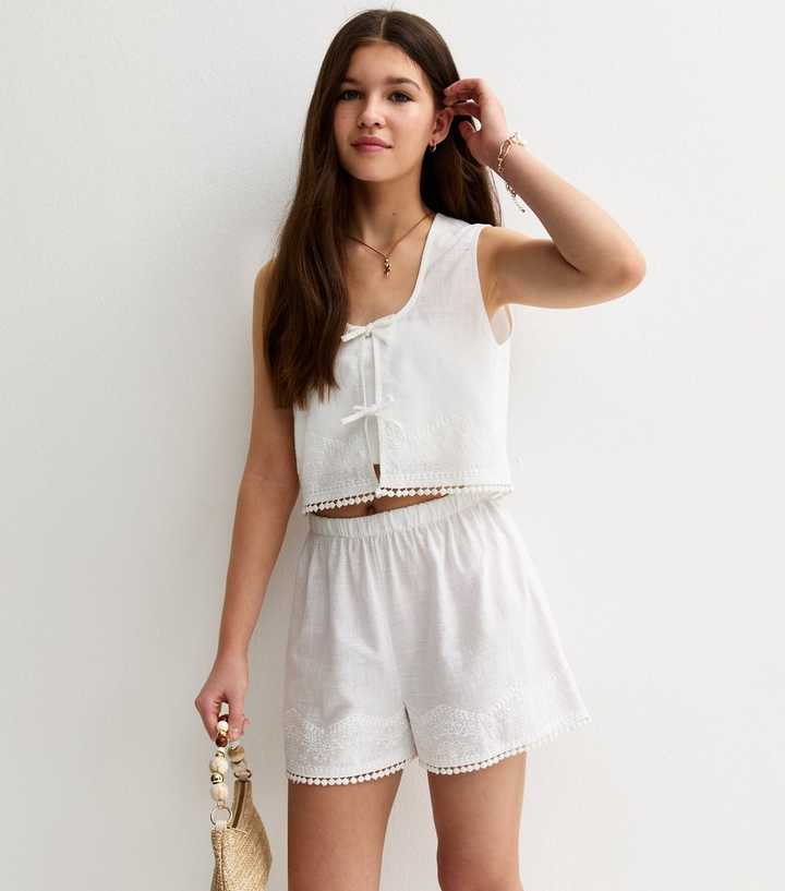 Girls White Cotton Embroidered Shorts
