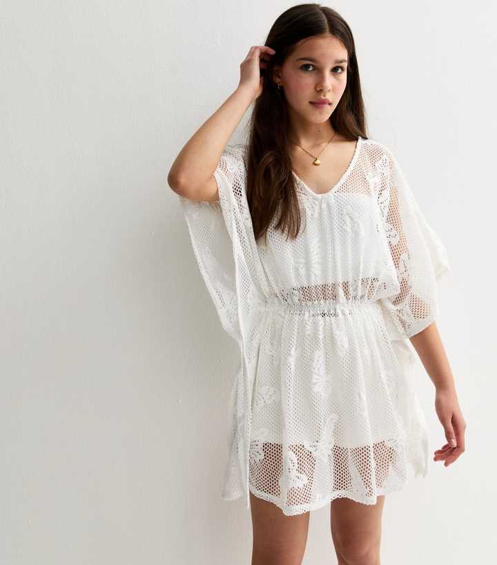 Girls White Butterfly Crochet Kaftan Mini Dress