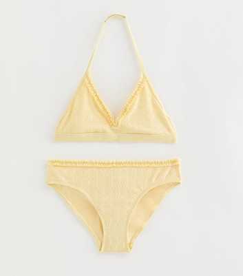 Girls Light Yellow Floral Ruffled Halterneck Bikini Set