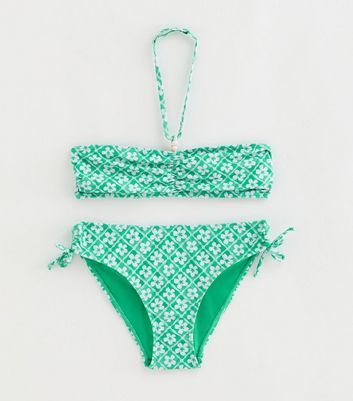 Girls Green Floral Ruched Halterneck Bikini Set