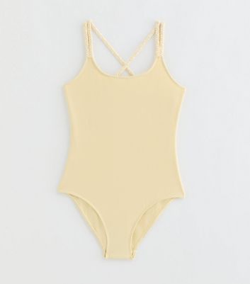 Girls Light Yellow Braided Strap Swimsuit
