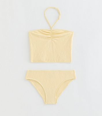 Girls Light Yellow Ruched Front Tankini Swim Set