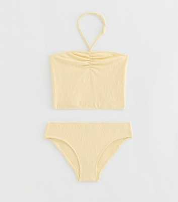 Girls Light Yellow Ruched Front Tankini Swim Set