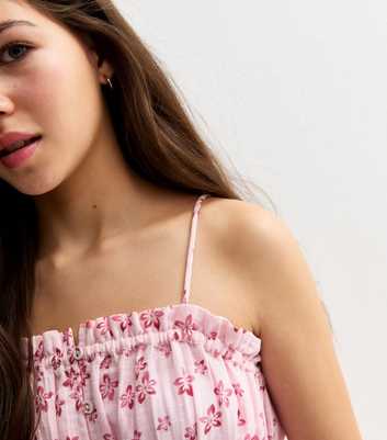 Girls Pink Cotton Floral Ruched Cami Top