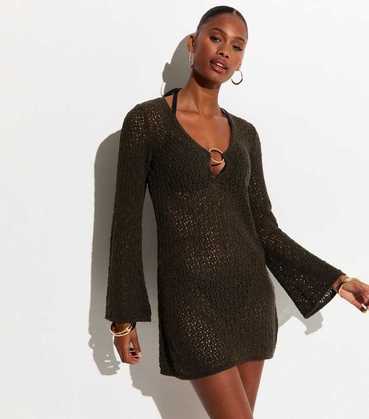 Dark Brown O-Ring Crochet Beach Kaftan Dress