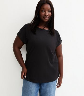 Curves Black Curved Hem T-Shirt | New Look