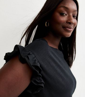 Curves Black Frill Sleeve Slub Top | New Look