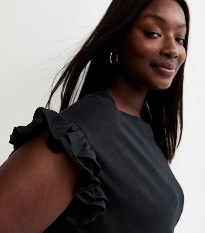 Curves Black Frill Sleeve Slub Top