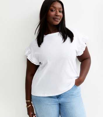 Curves White Frill Sleeve Slub Top